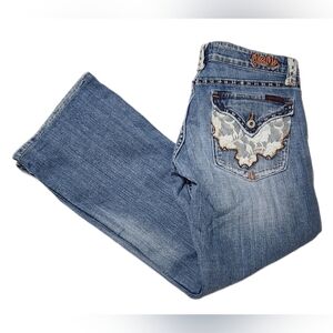 Miss Me Jeans Womens Size 31 Bootcut Floral Lace Pocket Blue Denim Pants